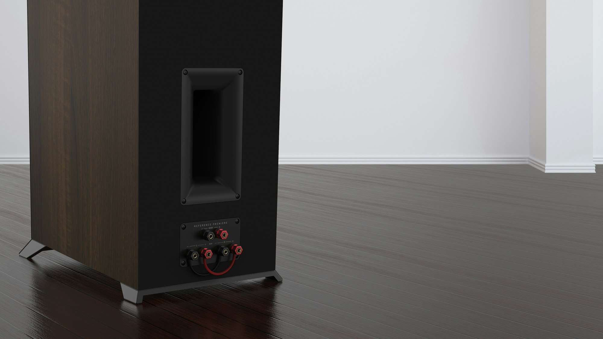Rear view of a Reference Premiere II floorstanding speaker showing bi-amping or bi-wiring